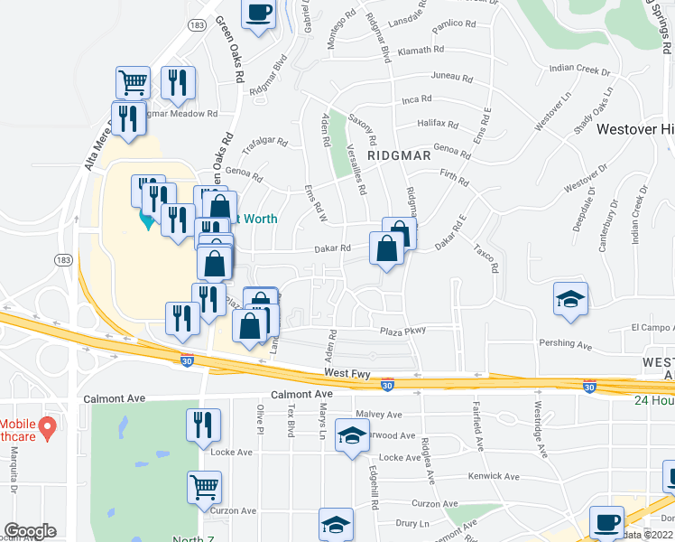map of restaurants, bars, coffee shops, grocery stores, and more near 6501 Tomstock Drive in Fort Worth