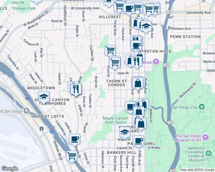 map of restaurants, bars, coffee shops, grocery stores, and more near 3200 Front Street in San Diego