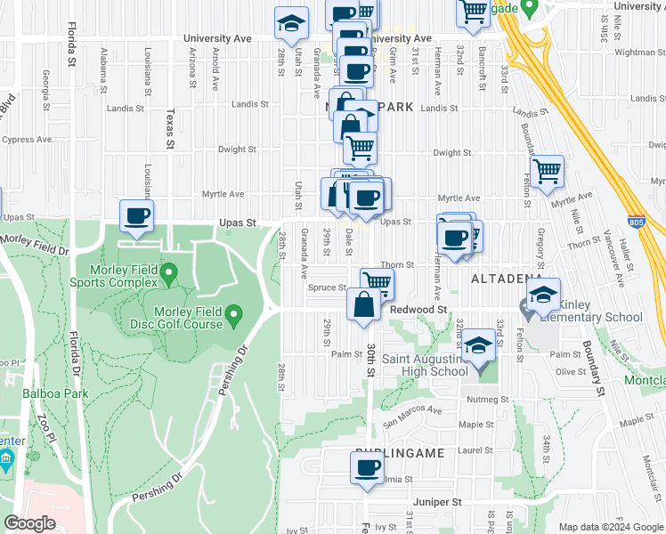 map of restaurants, bars, coffee shops, grocery stores, and more near 2905 Thorn Street in San Diego