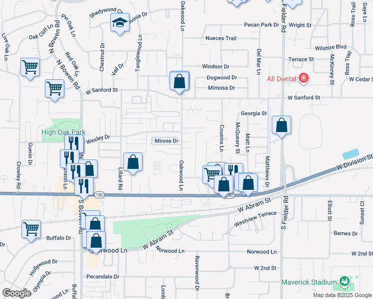 map of restaurants, bars, coffee shops, grocery stores, and more near 441 Oakwood Lane in Arlington