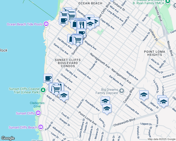 map of restaurants, bars, coffee shops, grocery stores, and more near 4607 Santa Cruz Avenue in San Diego