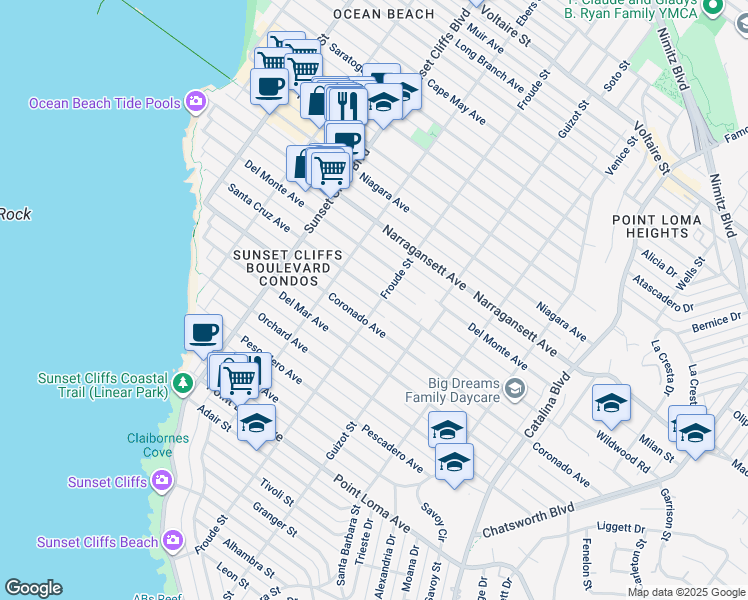 map of restaurants, bars, coffee shops, grocery stores, and more near 4607 Santa Cruz Avenue in San Diego