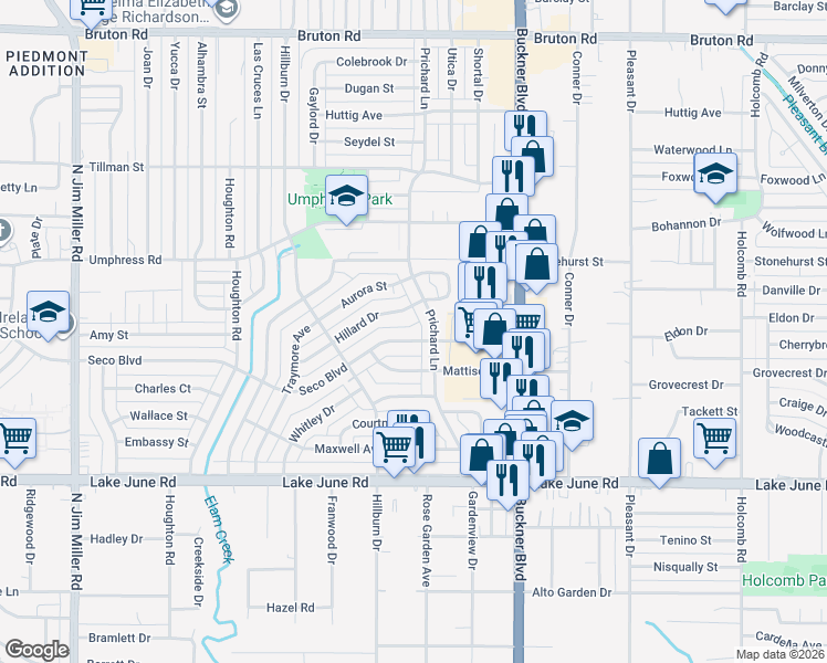 map of restaurants, bars, coffee shops, grocery stores, and more near 7839 Seco Boulevard in Dallas