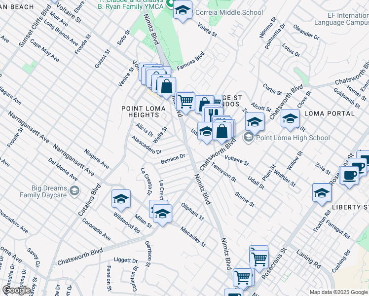 map of restaurants, bars, coffee shops, grocery stores, and more near 3805 Atascadero Drive in San Diego