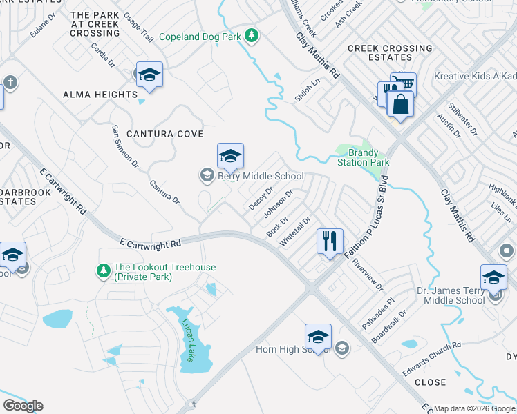 map of restaurants, bars, coffee shops, grocery stores, and more near 2526 Decoy Drive in Mesquite