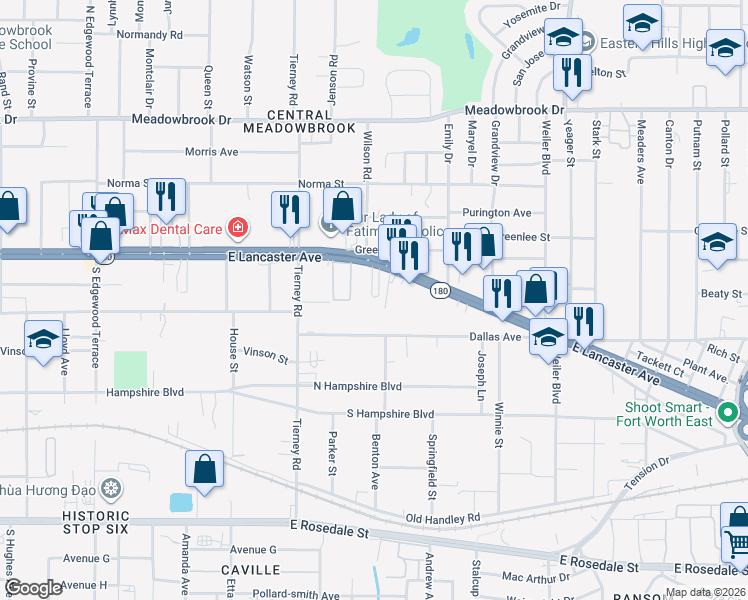 map of restaurants, bars, coffee shops, grocery stores, and more near 5232 East Lancaster Avenue in Fort Worth