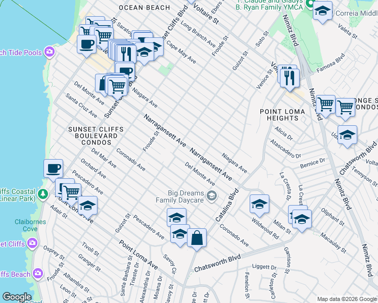 map of restaurants, bars, coffee shops, grocery stores, and more near 4453 Narragansett Avenue in San Diego