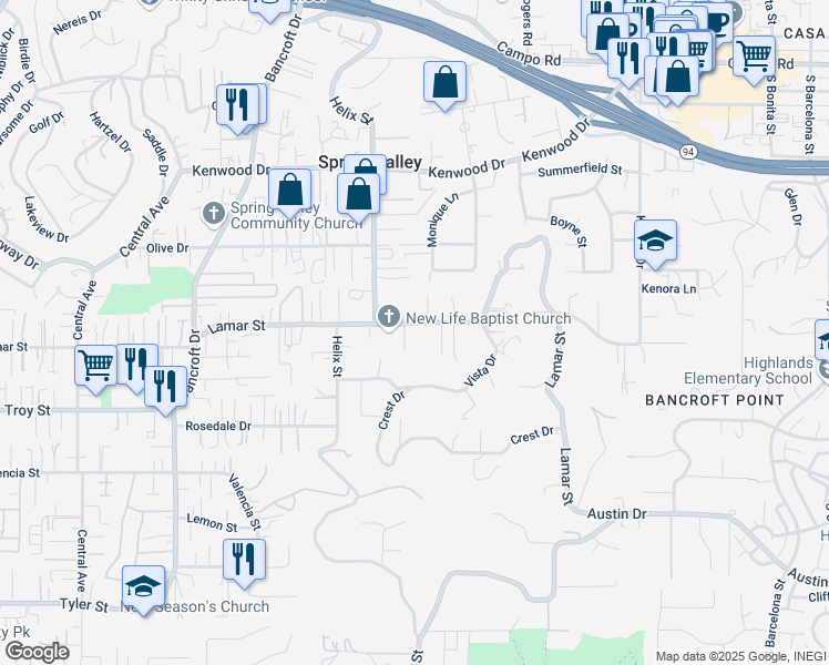 map of restaurants, bars, coffee shops, grocery stores, and more near 9311 Lamar Street in Spring Valley