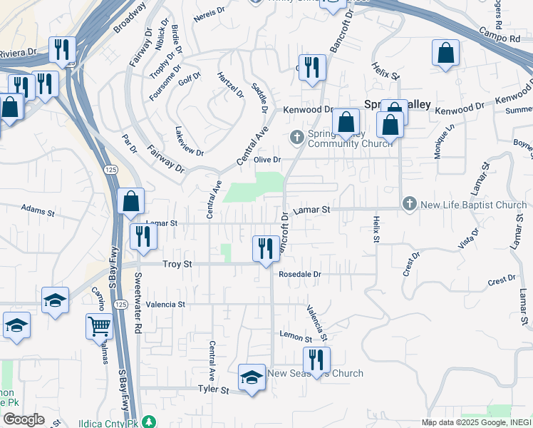 map of restaurants, bars, coffee shops, grocery stores, and more near 8930 Lamar Street in Spring Valley
