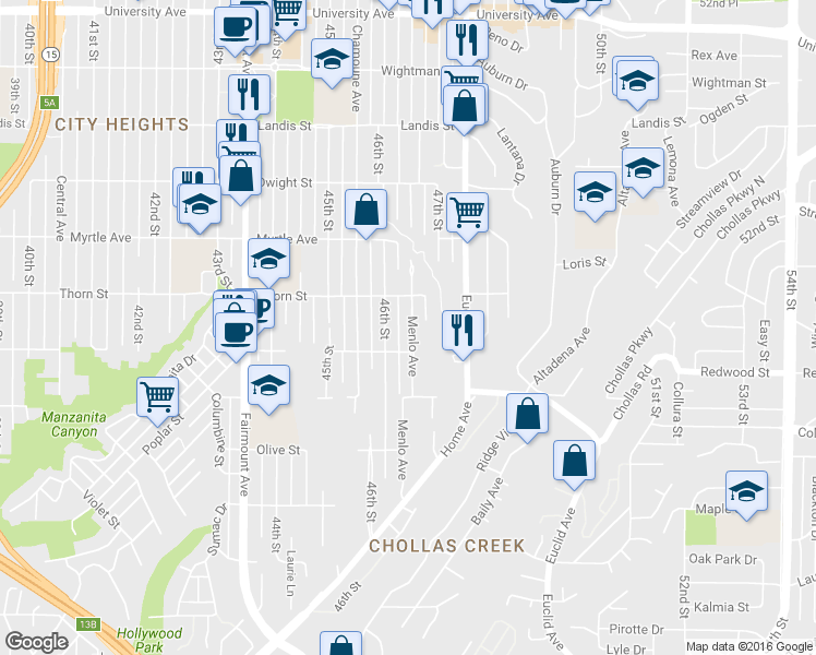 map of restaurants, bars, coffee shops, grocery stores, and more near 3137b Menlo Avenue in San Diego