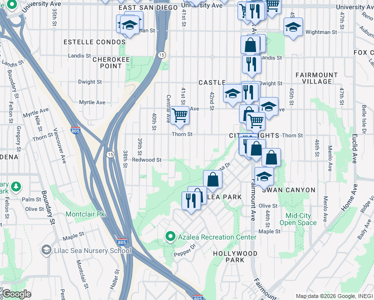 map of restaurants, bars, coffee shops, grocery stores, and more near 3130 Marlborough Avenue in San Diego