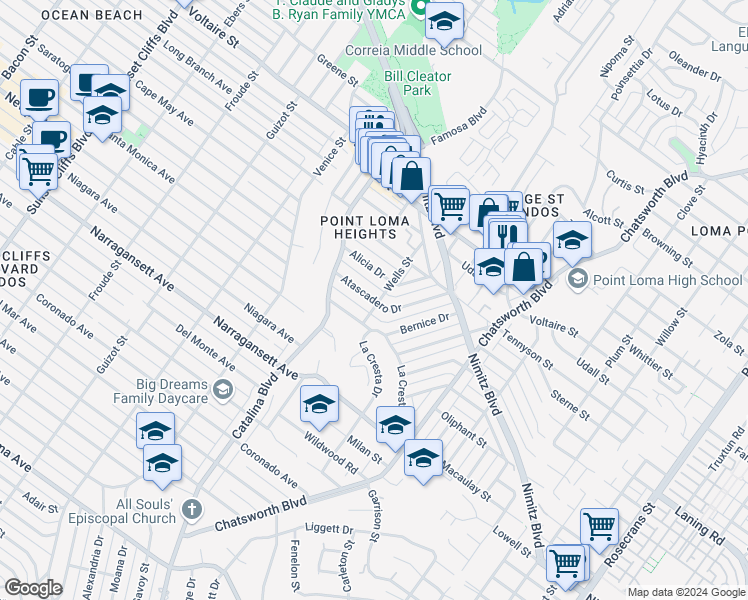 map of restaurants, bars, coffee shops, grocery stores, and more near 4036 Bernice Drive in San Diego