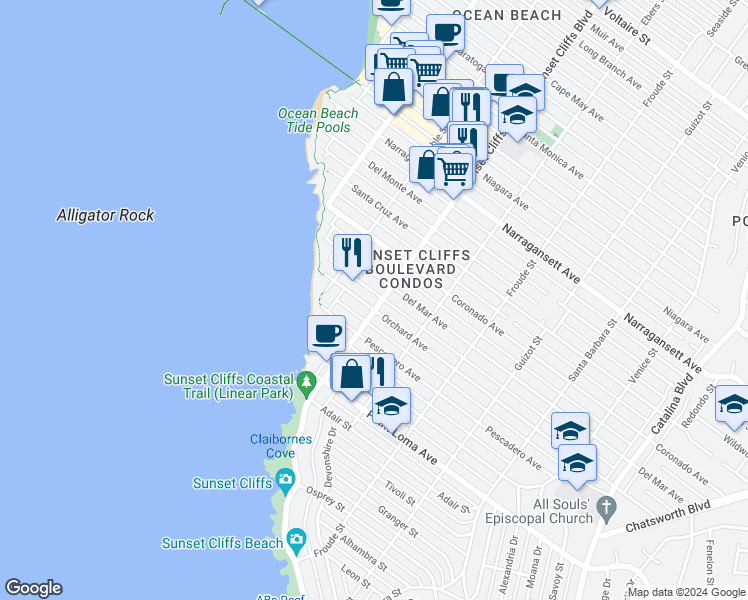 map of restaurants, bars, coffee shops, grocery stores, and more near 1563 Sunset Cliffs Boulevard in San Diego