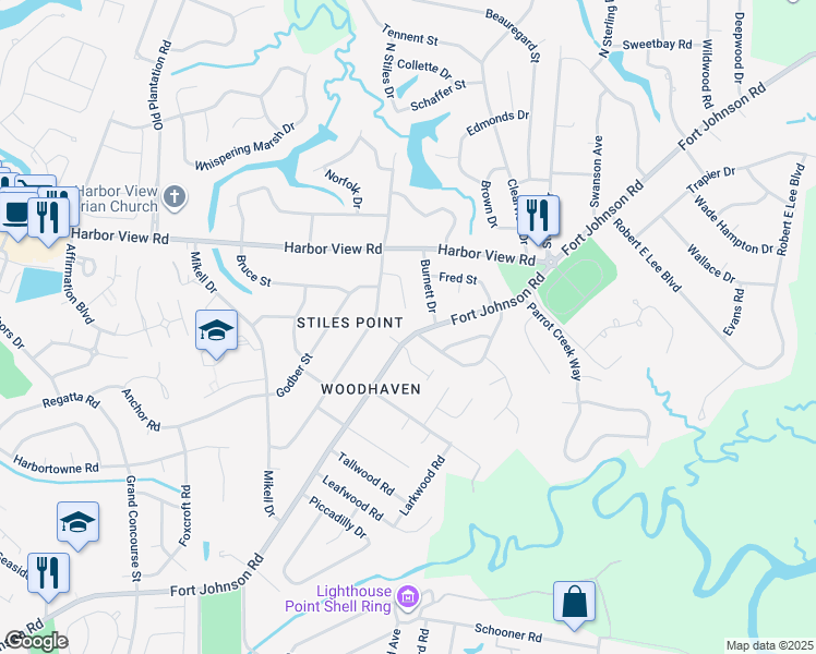 map of restaurants, bars, coffee shops, grocery stores, and more near 704 Marlin Lane in Charleston