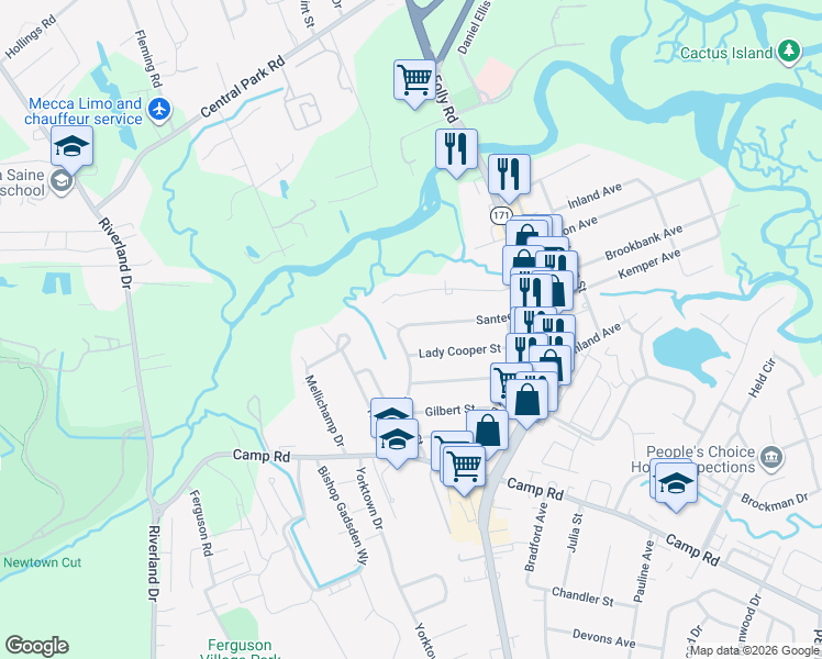 map of restaurants, bars, coffee shops, grocery stores, and more near 803B Santee Street in Charleston