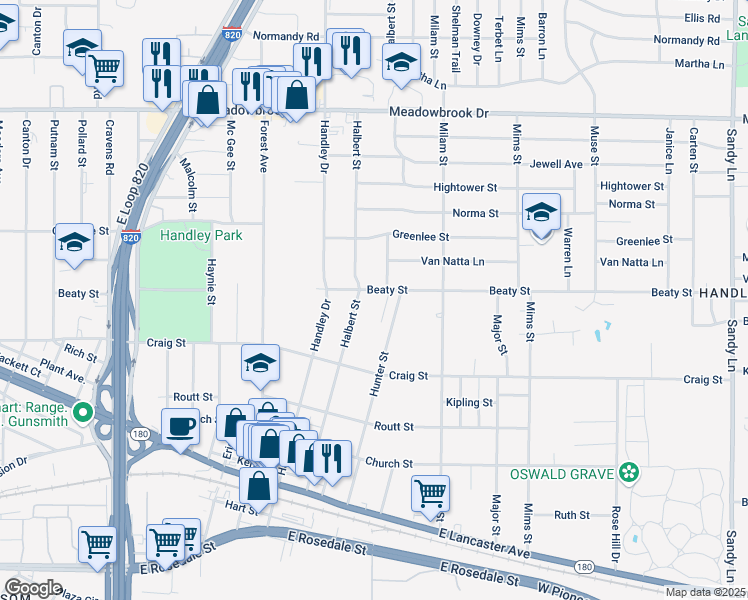 map of restaurants, bars, coffee shops, grocery stores, and more near 2813 Beaty Court in Fort Worth