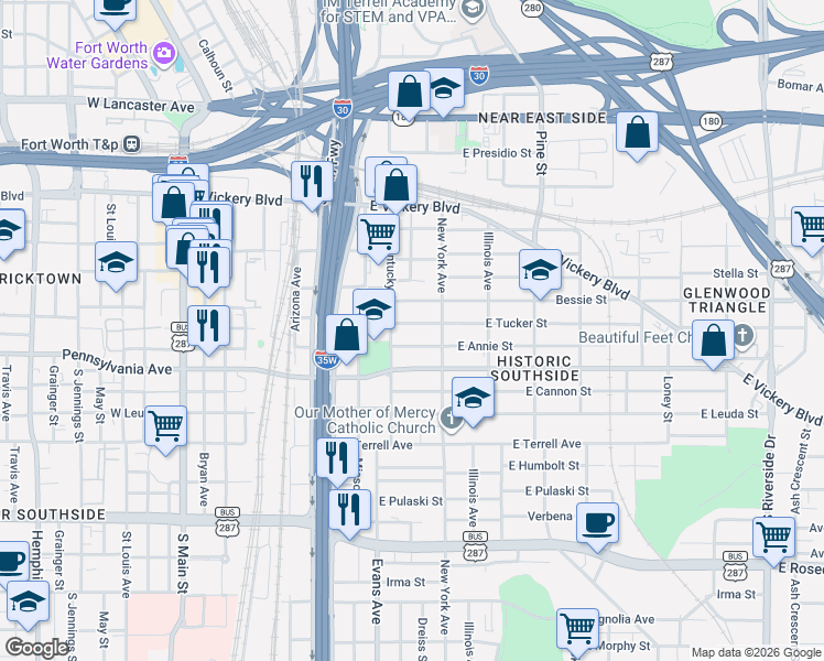 map of restaurants, bars, coffee shops, grocery stores, and more near 917 East Annie Street in Fort Worth