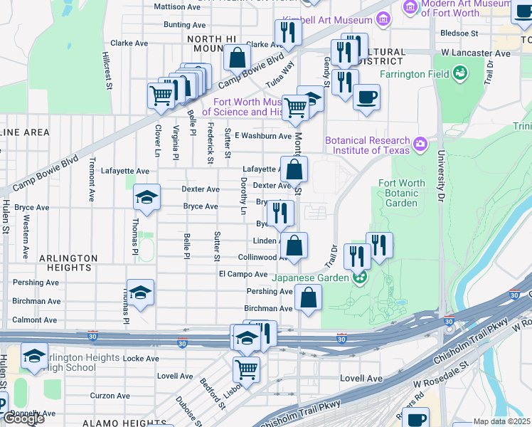 map of restaurants, bars, coffee shops, grocery stores, and more near 3724 Byers Avenue in Fort Worth
