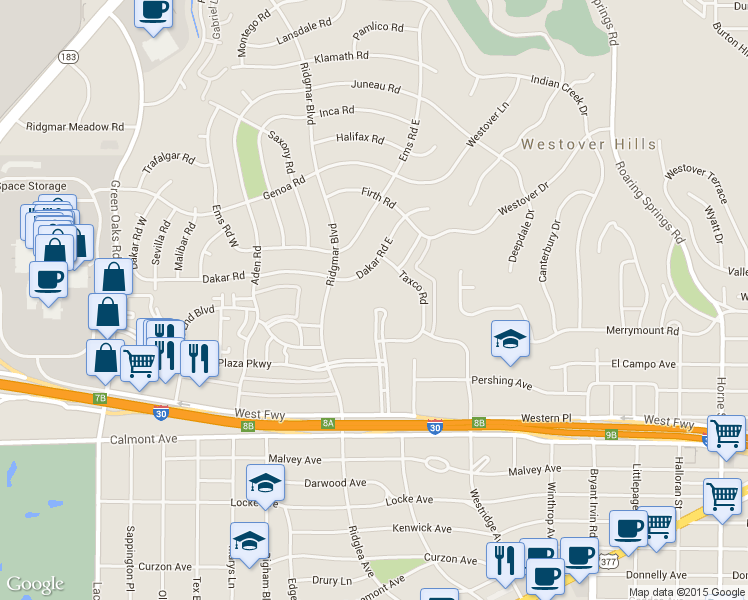 map of restaurants, bars, coffee shops, grocery stores, and more near 2298 Ridgmar Plaza in Fort Worth