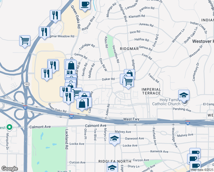 map of restaurants, bars, coffee shops, grocery stores, and more near 6501 Tomstock Drive in Fort Worth