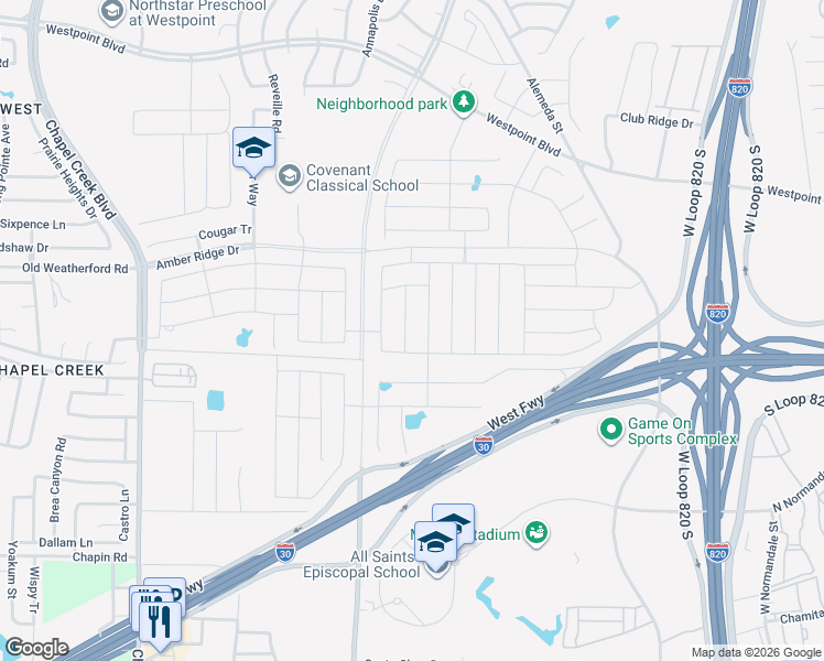 map of restaurants, bars, coffee shops, grocery stores, and more near 2312 Denmark Lane in Fort Worth