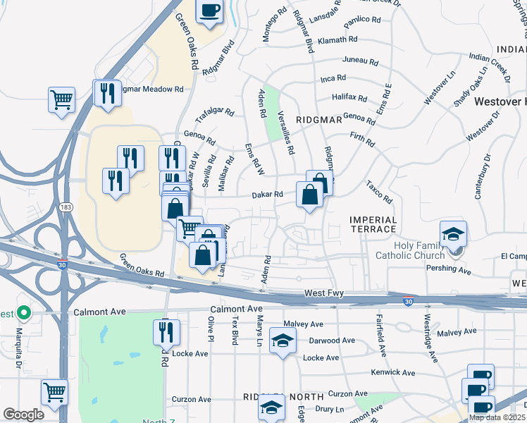 map of restaurants, bars, coffee shops, grocery stores, and more near 6501 Tomstock Drive in Fort Worth