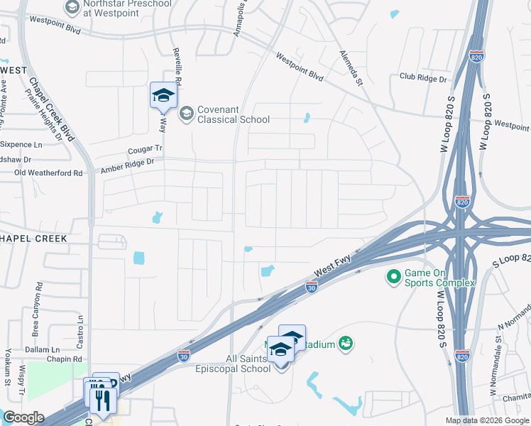 map of restaurants, bars, coffee shops, grocery stores, and more near 2312 Denmark Lane in Fort Worth