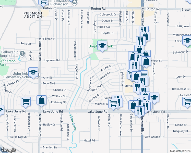 map of restaurants, bars, coffee shops, grocery stores, and more near 7703 Hillard Drive in Dallas