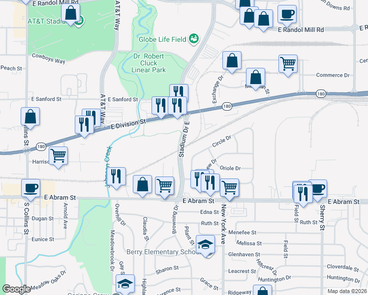 map of restaurants, bars, coffee shops, grocery stores, and more near 713 Circle Drive in Arlington