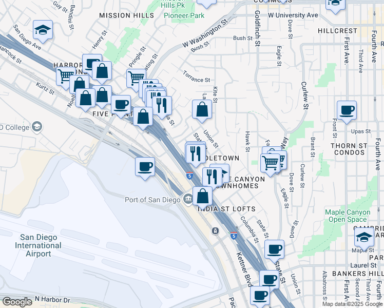 map of restaurants, bars, coffee shops, grocery stores, and more near 3470 Columbia Street in San Diego