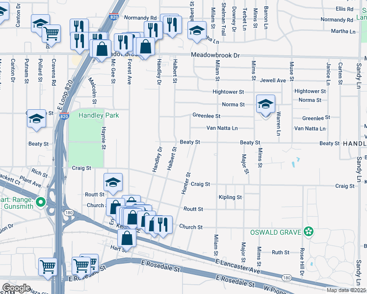 map of restaurants, bars, coffee shops, grocery stores, and more near 2813 Beaty Court in Fort Worth