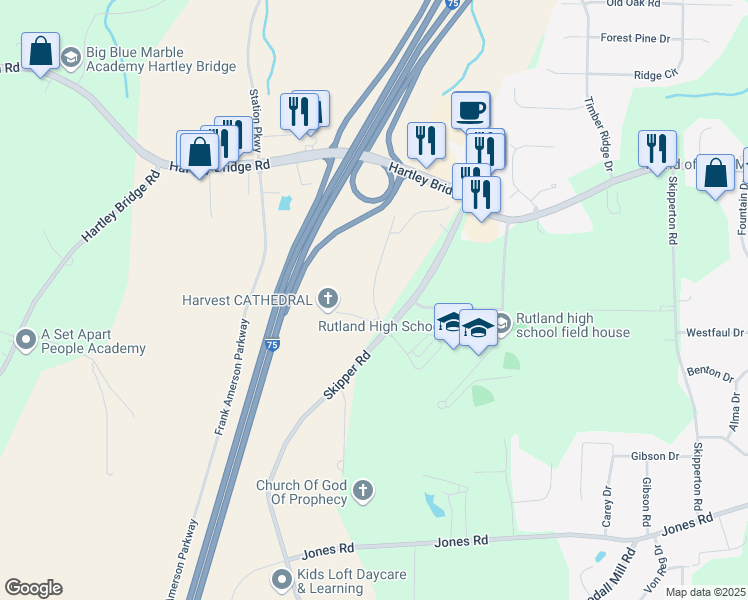 map of restaurants, bars, coffee shops, grocery stores, and more near 6260 Skipper Road in Macon