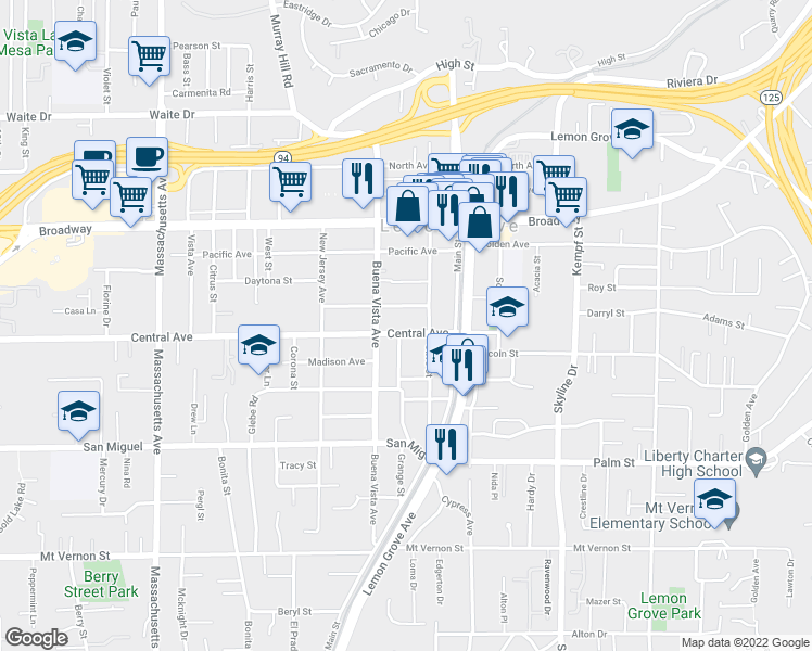 map of restaurants, bars, coffee shops, grocery stores, and more near 7646 Central Avenue in Lemon Grove