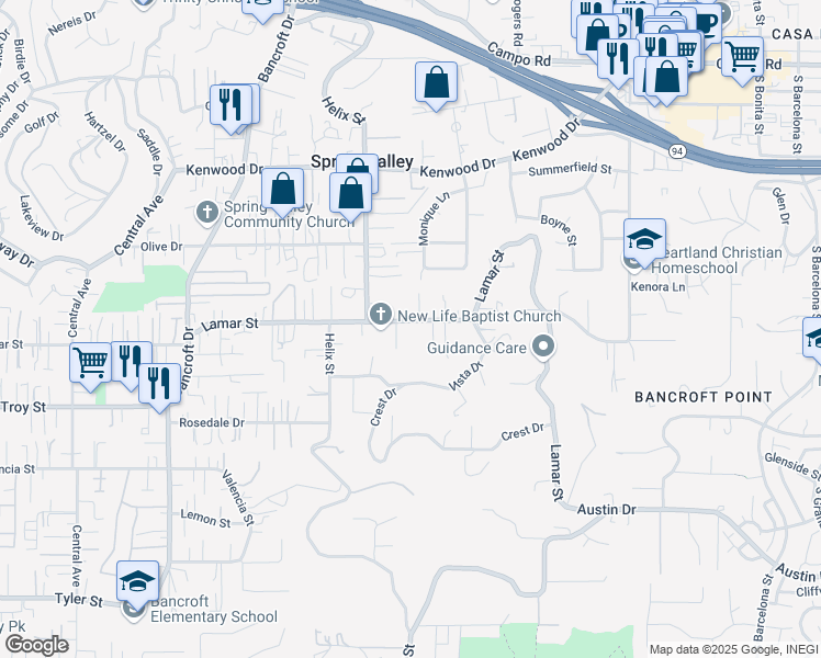 map of restaurants, bars, coffee shops, grocery stores, and more near 9311 Lamar Street in Spring Valley