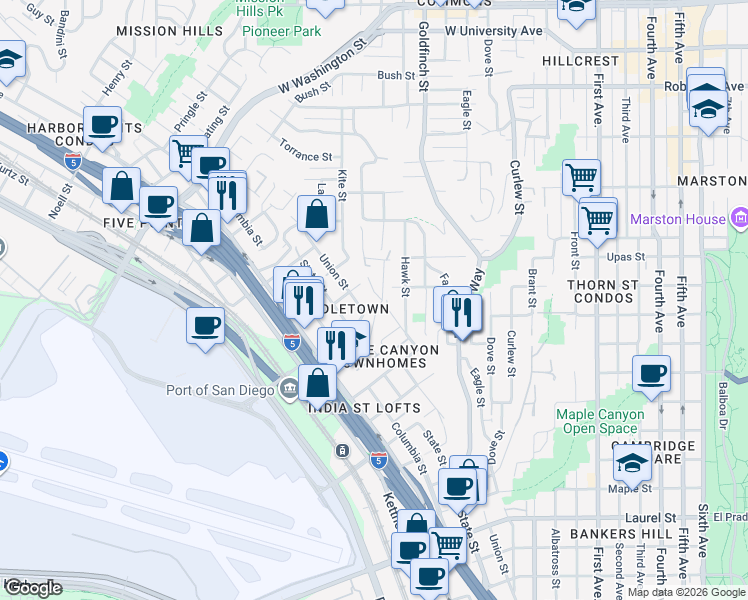 map of restaurants, bars, coffee shops, grocery stores, and more near 3320 Horton Avenue in San Diego