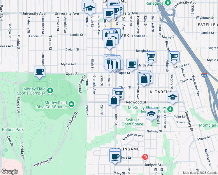 map of restaurants, bars, coffee shops, grocery stores, and more near Thorn St & Dale St in San Diego