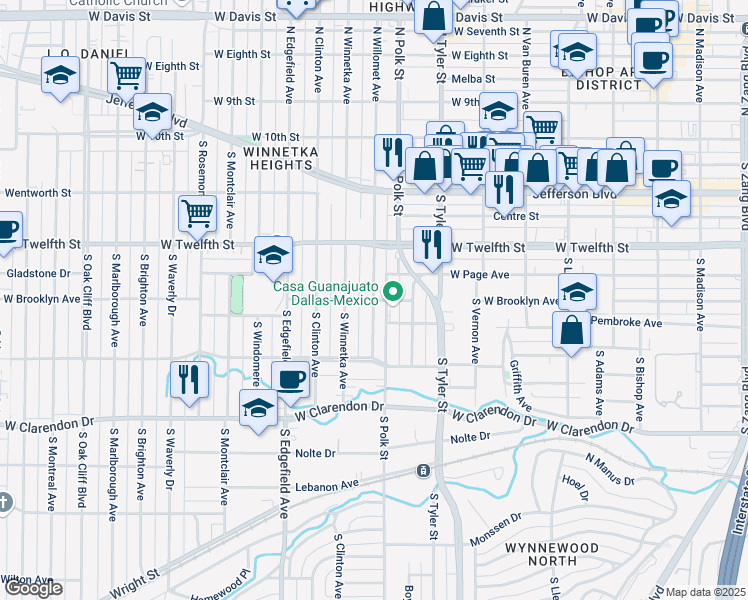 map of restaurants, bars, coffee shops, grocery stores, and more near 1098 West Brooklyn Avenue in Dallas