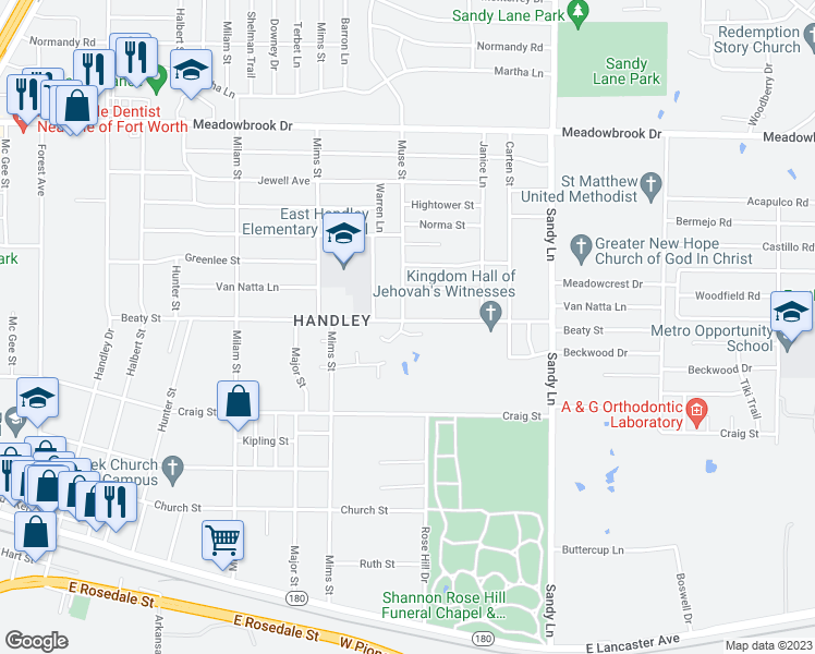 map of restaurants, bars, coffee shops, grocery stores, and more near 7301 Hyde Court in Fort Worth