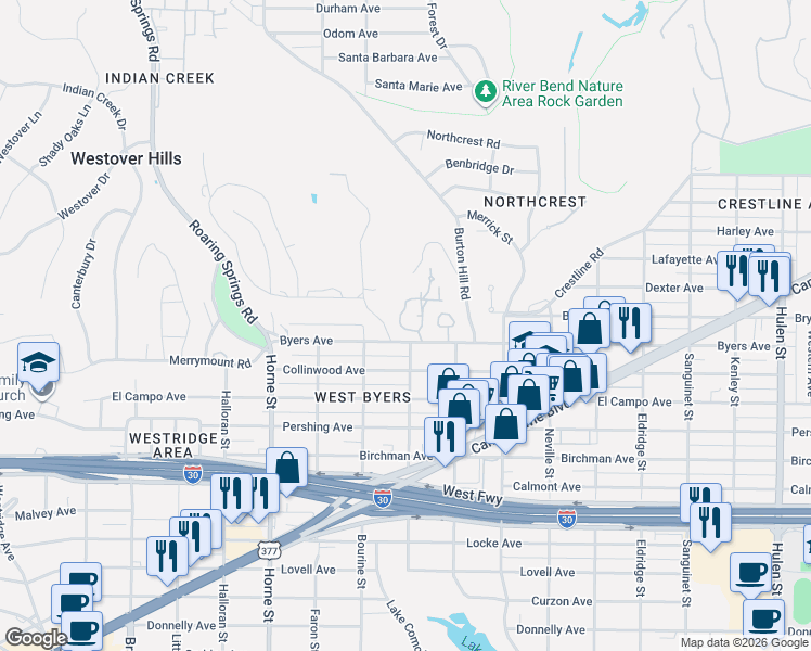 map of restaurants, bars, coffee shops, grocery stores, and more near 2145 Fountain Square Drive in Fort Worth