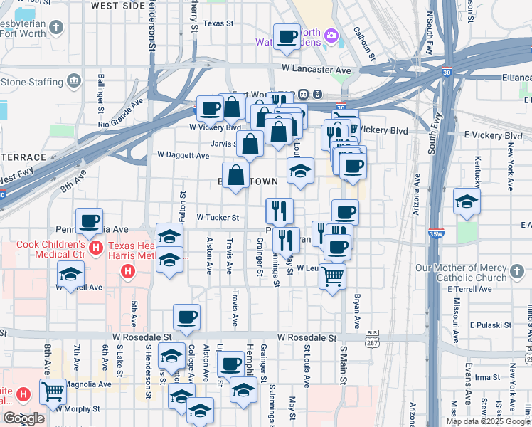 map of restaurants, bars, coffee shops, grocery stores, and more near 510 Pennsylvania Avenue in Fort Worth
