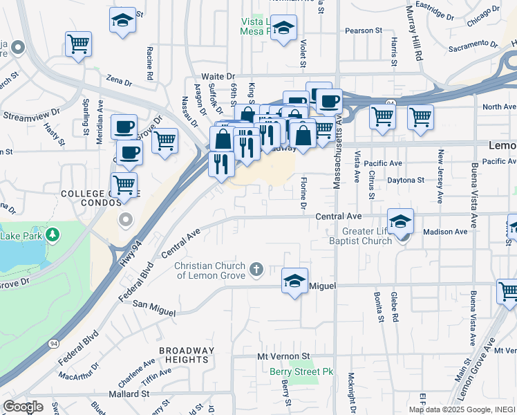 map of restaurants, bars, coffee shops, grocery stores, and more near 6970 Central Avenue in Lemon Grove