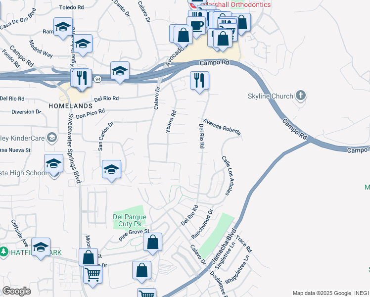 map of restaurants, bars, coffee shops, grocery stores, and more near 10736 Eureka Road in Spring Valley