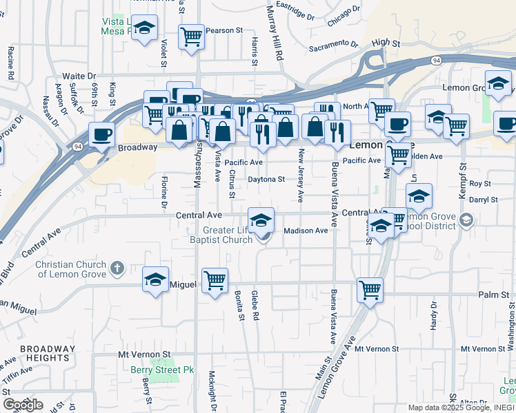 map of restaurants, bars, coffee shops, grocery stores, and more near 7370 Central Avenue in Lemon Grove