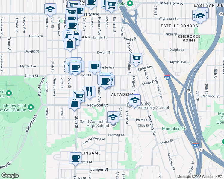 map of restaurants, bars, coffee shops, grocery stores, and more near 3211 Thorn Street in San Diego
