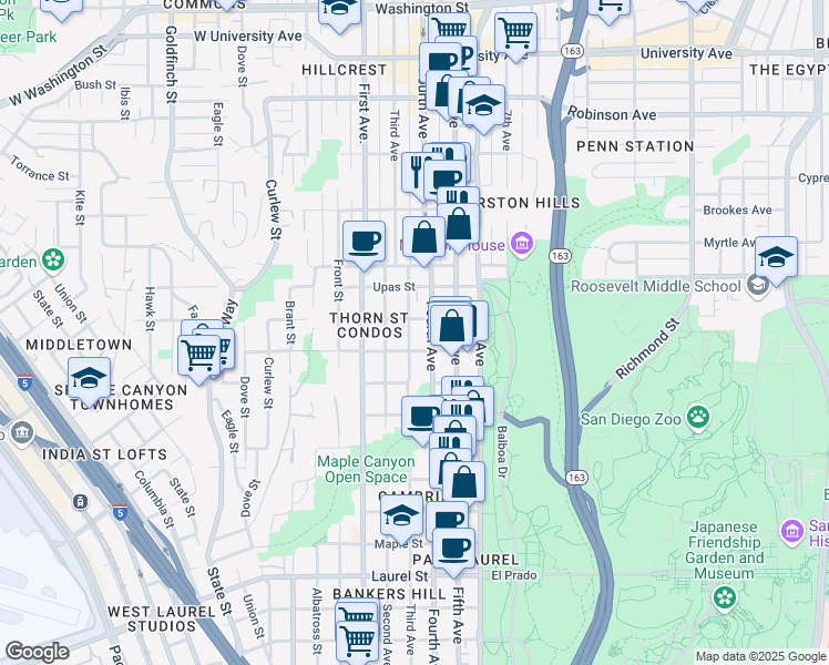 map of restaurants, bars, coffee shops, grocery stores, and more near 3200 Fourth Avenue in San Diego