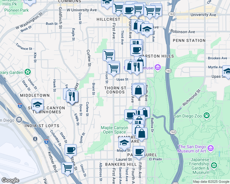 map of restaurants, bars, coffee shops, grocery stores, and more near 3200 2nd Avenue in San Diego