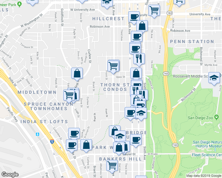 map of restaurants, bars, coffee shops, grocery stores, and more near 3200 Front Street in San Diego