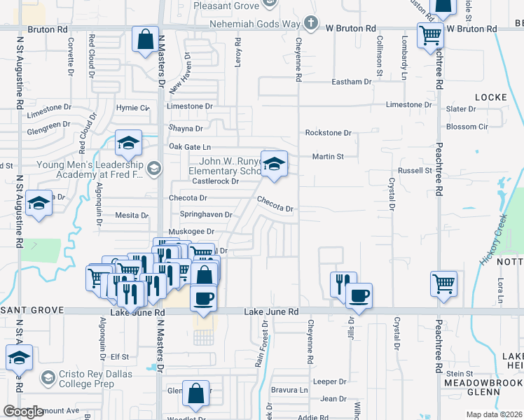 map of restaurants, bars, coffee shops, grocery stores, and more near 1548 Fox Run Drive in Dallas