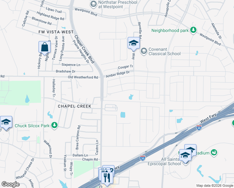 map of restaurants, bars, coffee shops, grocery stores, and more near 10117 Poinsett Way in White Settlement