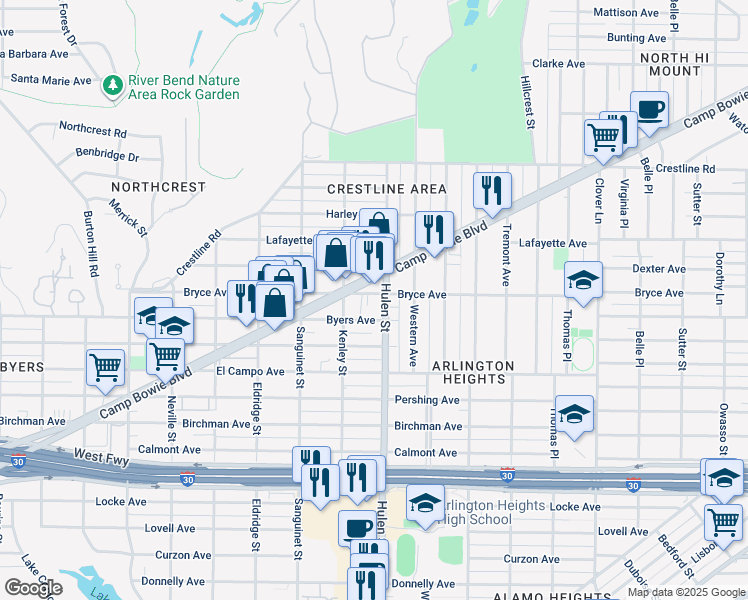 map of restaurants, bars, coffee shops, grocery stores, and more near 4538 Byers Avenue in Fort Worth